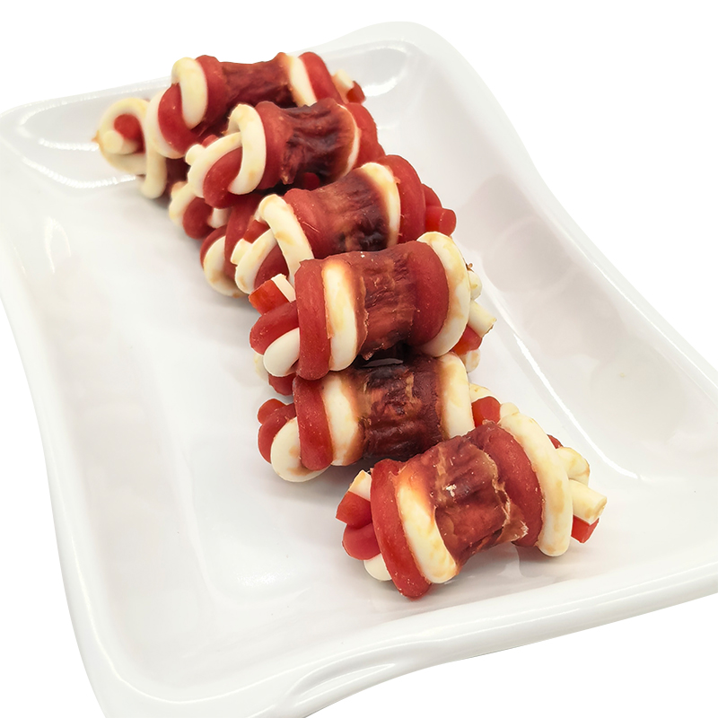 Tender duck meat wrapped around a bone; a pet teething stick, a treat for calcium supplementation and healthy fur.