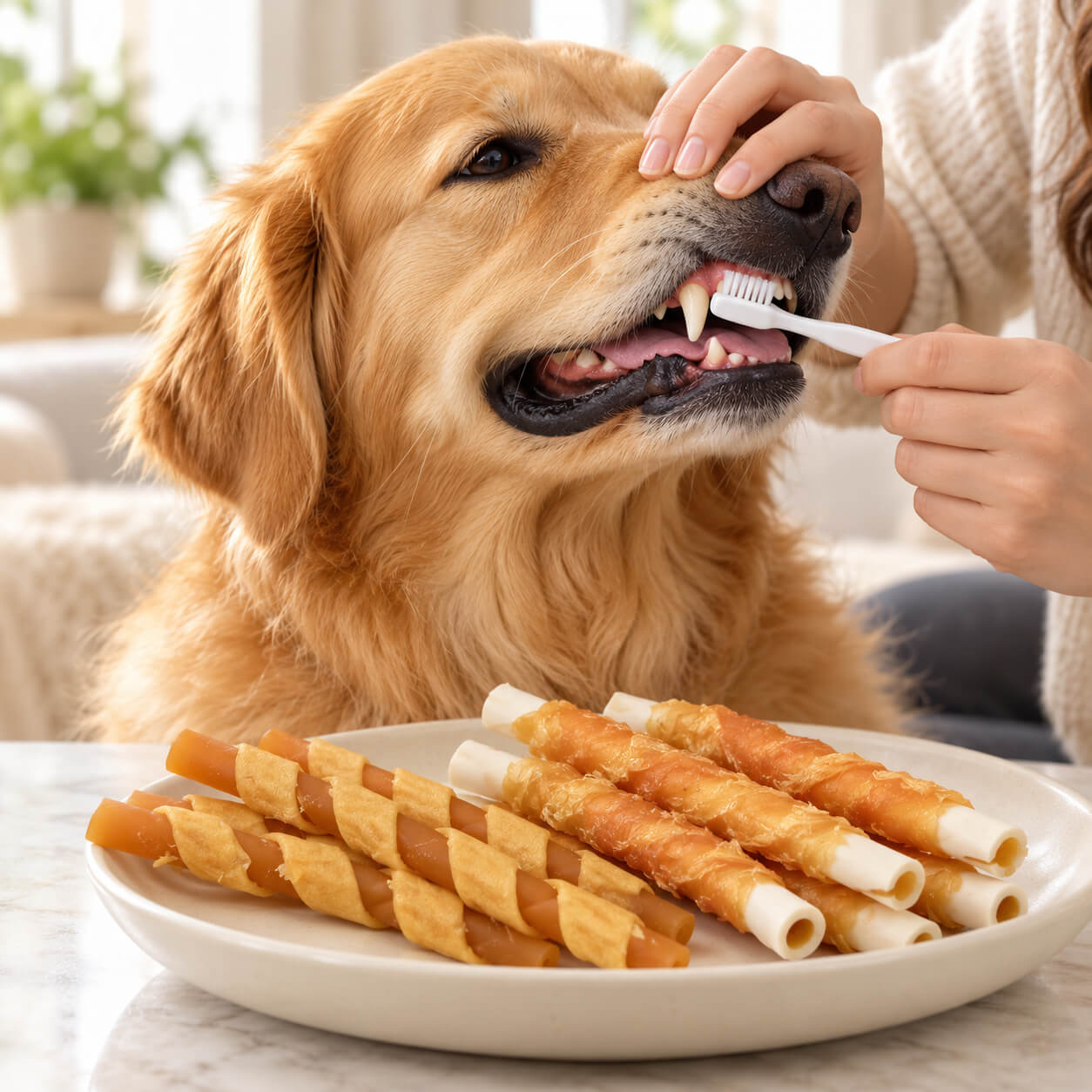 Dog having its teeth brushed with dental chews nearby, illustrating whether dental chews can replace brushing for dogs
