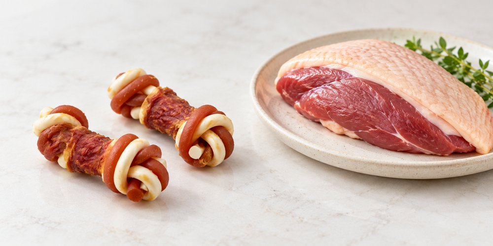 Duck-wrapped knotted dog treats beside duck breast