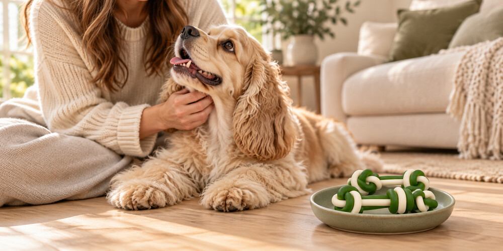 Owner petting a cocker spaniel beside a bowl of two-color double-stick knotted chews